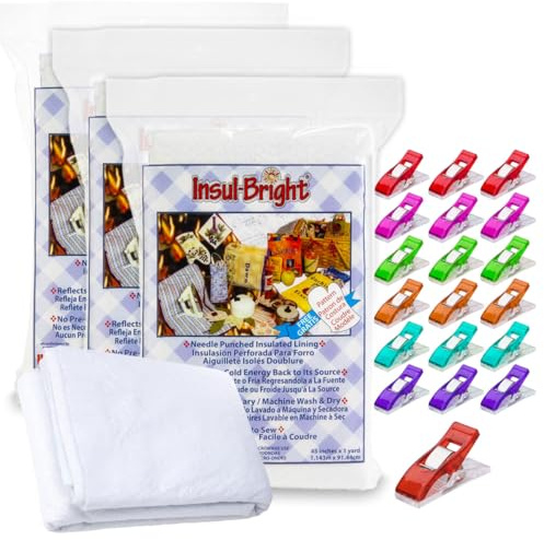 Warm Company Insul-Bright Isoliertes Futter (91,4 x 114,3 cm, 3er-Pack) + 20 Pixiss Stoffklammern – perfekt für Topflappen, Ofenhandschuhe und hitzebeständige Bastelprojekte