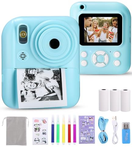 Ixydor Kinderkamera Sofortbildkamera, 1080P 2,4 Zoll Bildschirm, Videokamera, Kinderkamera mit Druckpapier & 32GB Karte, Weihnachten Geschenk für Kinder 3-12 Jahren (Blau)