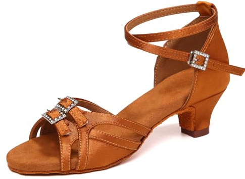 ZYXWVU Scarpe da Ballo Latino per Bambina Morbide e Comode Salsa Bachata Pratica Scarpe da Ballo Tacco Basso Marrone, 35 EU