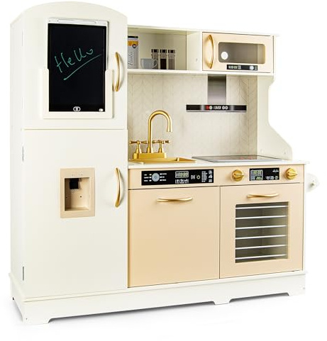 Leomark NOTE Träkök – Realistiska Funktioner, Magnetisk ritbräda, Induktionshäll, Vattenautomat, Roterande Kranar, 107,7x30,2x97 cm, Barnkök för Barn från 3 år, Låtsaslek-leksak för Hem och Förskola