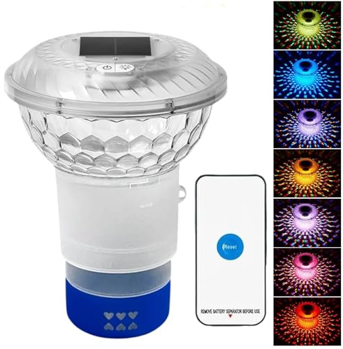 Wezalget Flotador de Cloro para Piscina, dispensador de Cloro con Control Remoto Solar, clorador de liberación Ajustable con Luces Coloridas para Piscina Interior y Exterior,