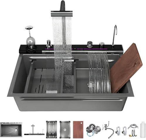 COZHAO 33x22 Inch 304 Stainless Steel Kitchen Sink with Pull-Out Swivel Faucet, Water Purification, Soap Dispenser Smart Digital Features, Single Bowl Double Waterfall Design