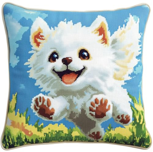 AMBATTERY DIY Coussin Point de Croix, Chien sur l'herbe Coussin à Point Compté 45X45cm Coussin Brodé Kit Broderie Housse De Coussin Point Kit Complet Coussin Point De Croix