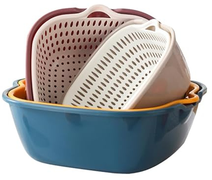 Didiseaon Kitchen Draining Basket Set 6Pcs Fruit Washing Basin and Vegetables Washing Holder Double Layer Kitchen Sink Basin with Handles for Quick Water Drainage and Storage