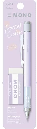 Tombow MONO Graph and MONO Eraser, 0.5 mm, Lavender, Precision with 4 mm Tip, Innovative Shake Mechanism, More Stable Brass Pliers, Refillable, Includes Eraser [SH-MG94-PE04A]