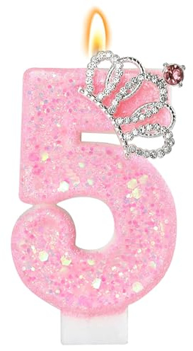 LunarCharm Rosa Geburtstagskerzen – Glitzernde Zahlenkerze zur 5. Geburtstagsparty mit Krone, Zahl 5, für Kuchen, Cupcake-Dekorationen, Partydeko, Jubiläumsfeiern