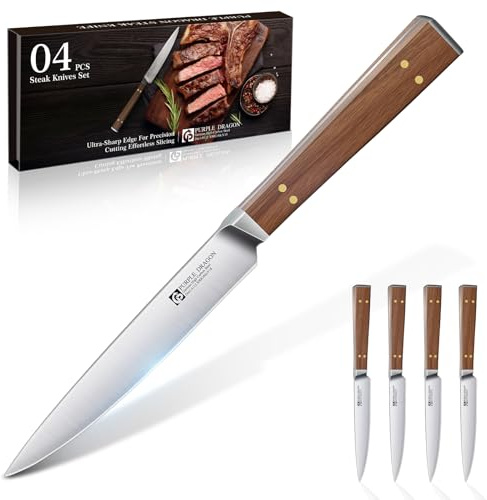 Purple Dragon Set de 4 Cuchillos para Filete Cuchillos para Filete con Cuchilla Pulida y Mango de Madera Ergonómico Utensilios de Cocina en Acero Inoxidable de Regalo para Mudanza