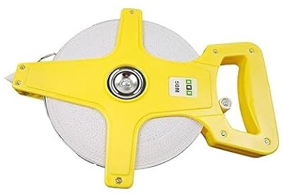 HKB ® 1 Stück Maßband, 50 Meter Bandmaß mit Fiberglasband, Kunststoff gelb mit ergonomischem Handgriff, ausklappbare Kurbel, 2 Skalen: Meter und Feet, Hersteller HKB, Artikel-Nr. 50750