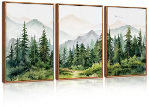 CHDITB 3PCS Mountain Woodland Wall Decor,Green Forest Framed Canvas Wall Art,Nature Scenery Modern Wall Decor,Mountain Wall Painting,Modern Woodland Landscape Art Print for Living Room Bedroom30x40cm