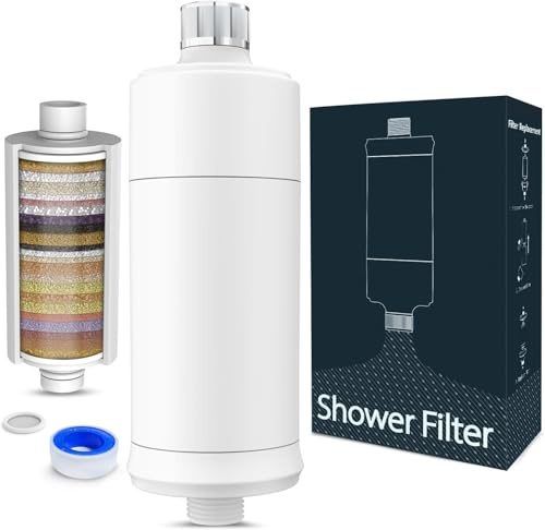 Filtro de Ducha de 32 Etapas con Vitamina C, MEKO Filtro Antical para Agua Dura, Filtro con Cartuchos Reemplazables de Purificación Multietapa para Eliminar Cal, Cloro Residual (Blanco2)