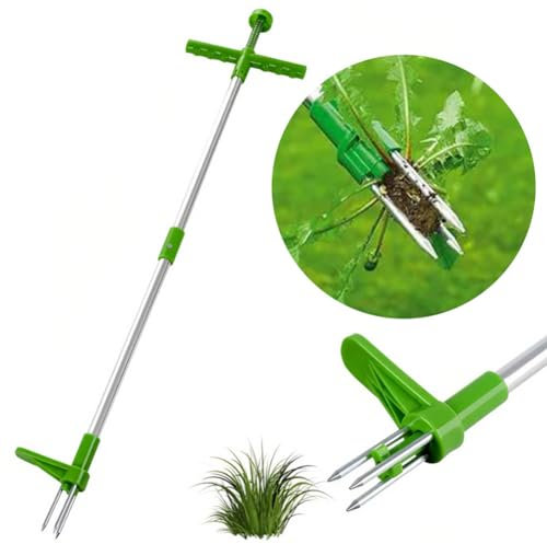 Unkrautstecher mit Stiel,Stehen Unkrautentferner 1m,Löwenzahnstecher,mit Drei-Kiefer und Edelstahl-Pedal für effizientes Entfernen von Unkraut,Gartenwerkzeug,Unkraut Entferner Gerät ohne Bücke (Grün)