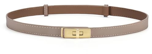 HATOFES Verstellbarer Skinny-Ledergürtel für Damen, solide Legierung, Drehverschluss, schmal, dünner Taillengürtel, Taillenbund, dekorativer Gürtel für Kleider, Jeans, Hosen (Hell Khaki/Gold)