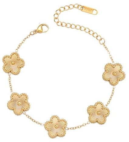 FUNIO Kleeblatt Armband für Damen - 18 Karat Gold Link Armband Armreif Glücksarmband Schmuck Geschenk für Damen