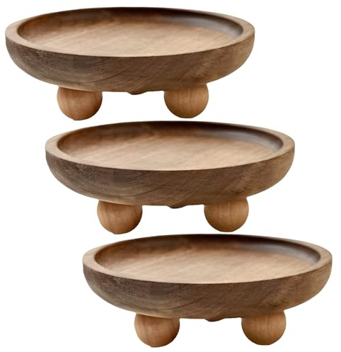 Lot de 3 plateaux ronds en bois naturel, design peu profond avec pieds sphériques pour bougies, aromathérapie et décoration d'intérieur