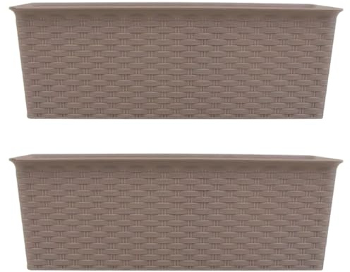 Plastic Rectangular Rattan Planter Sand Colour | Indoor Outdoor Flower Pot | Lightweight Durable Plastic Box for Herbs Plants | Plant Holder for Home & Garden 10cmx30cmx13cm (Pack of 2)