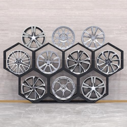 Expositor de Llantas de Coche Negro, Resistente, Organizador de Almacenamiento de Llantas, Estante Hexagonal de Acero para Garaje, Soporte para exhibición de Llantas en Sala de exposición (2+1)