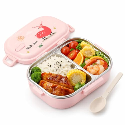 Pissente 650ml Thermal Lunch Box Insulated Food Container with Spoon, Stainless Steel Insulated Lunch Box, Compartment Design, Silicone Sealing Circle (Solid Color Powder-Deer)
