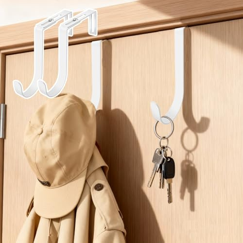 Snow B 4Pcs Over Door Hanger Coat Hooks Adjustable Hook Heavy Duty Metal for Clothes Towels No Drill Space Saving Max Load 5kg (White)
