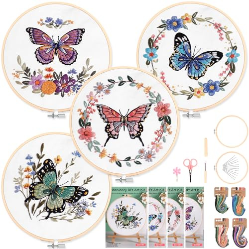 Homwiz 4 Sticken Set Erwachsene, Stickset für Anfänger Blumenmuster Pflanzen Embroidery Kit mit 2 Bambus Stickrahmen Farbfäden Anleitung, Stickerei Set für DIY Kunst Handwerk (Schmetterlingsminne)