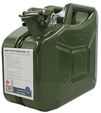Robuster Kraftstoffkanister Metall [10L / 20L] | Olivgrüner Benzinkanister Reservekanister mit UN3A1-Zulassung für Benzin E10 & Diesel – Jerrycan für Auto Lkw Traktor (10 Liter)