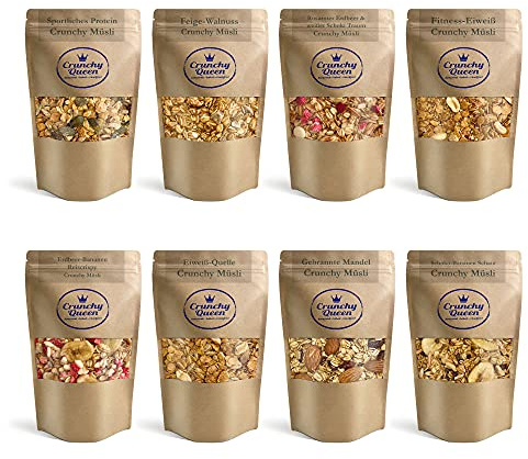 Crunchy Queen Granola Knuspermüsli Probierpaket 8x 80g | Handgemacht | Crunchy Topping für Smoothiebowl & Müsli | Müsli ohne Zucker | 100% natürlich | 640g