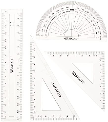 Westcott E-10303 00 Set matematica, 4 pezzi, plastica, trasparente, righello da 15 cm e goniometro