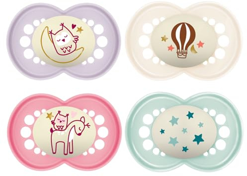 MAM Original NIGHT Schnuller // Skin Soft Silikon // Girl Pearl Exotic // Schnuller 6-16 // 4er Set // inkl. 2 Sterilisiertrasportboxen