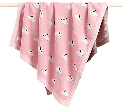 Odot Strickdecke Baumwolle Babydecke Kuscheldecke, Kinderwagen im Freien Kaninchen Muster Kinderdecke Krabbeldecke Perfekt für Mädchen und Jungen Babys Geschenk (Baby Pink,100 x 80 cm)