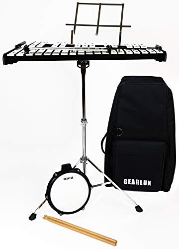 Gearlux Glockenspiel Glockenspiel mit 20,3 cm Übungspad, Ständer, Notenablage, Schlägel, Drumsticks und Gigbag
