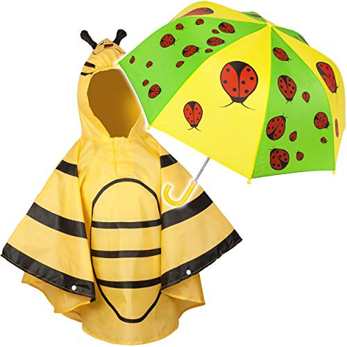 alles-meine.de GmbH 2 TLG. Set: Regenschirm + 3D Effekt - Regenponcho - lustige Marienkäfer & Biene - Kinderschirm - Ø 72 cm - Regencape - Kinder - 2 bis 6 Jahre - Stockschirm - ..