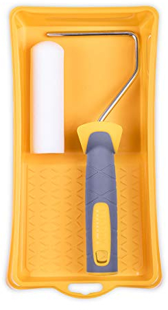 HARDY WORKING TOOLS Maler Set, Farbrolle, Farbwanne und Farbwalzen aus Schaumstoff, Florhöhe 7mm, Länge 11cm, Durchmesse 35mm, gelb-weiß-grau, A0180-117000