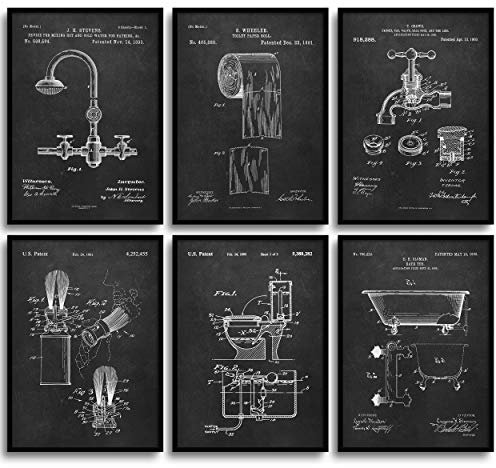 MONOKO® Poster Badezimmer Bilder - stilvolle Wandbilder Toilette - WC - 6er Set ohne Rahmen (Set WC, Patent, Tafel schwarz, 6X A4 (21 x 29,7cm))