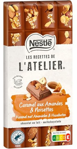 Nestlé Les Recettes de l'Atelier - Chocolat Lait Caramel Amandes - 170g | Chocolat au lait fondant aux éclats de caramel - Amandes et noisettes entières - Pur beurre de cacao pour une pause gourmande