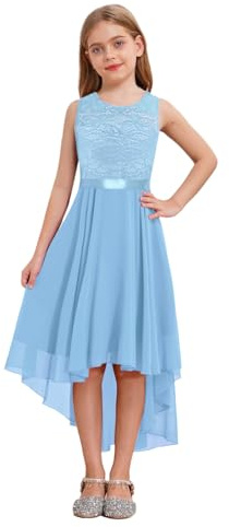 dPois Mädchen Kleid Festlich Vokuhila Kleid Blumenmädchenkleid Ärmellos Abendkleid Chiffon mit Spitzen Elegant Kinder Hochzeit Party Festzug Outfits Blau 152-164/12-14 Jahre