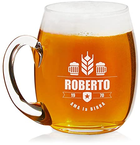 Maverton Boccale per la Birra personalizzato in vetro, H12cm x Ø8,5cm | Capienza 500 ml, ottima idea regalo per il compleanno di ogni uomo amante della buona Birra, amore per la birra