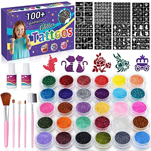 Glitzer Tattoo Set für Mädchen Kinder-30 Farben,Wasserdichte Temporäres Tattoo Glitter Make-up Kit,211 Schablonen,2 Klebstoffe,Funkelndes Tattoo Glitter Geschenk für Geburtstagsfeiern Cosplay.