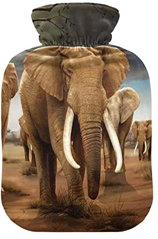 YOUJUNER Hot Water Bottle with Africa Elephant Cover 2 Litre Large Hot Water Bag Warm Comfort Hand Feet Warmer