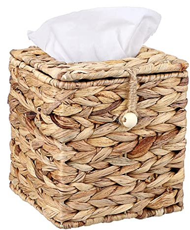 BSTKEY Quadratische Wasserhyazinthe Gesichtstücherbox, Haushalt Gewebter Papierhalter Serviettenbox Dekorative Seidenpapier Aufbewahrung Organizer mit Deckel