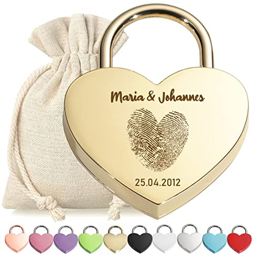 Liebesschloss Herz-Schloss Bügelschloss Gold mit Gravur - Motiv Herz Fingerabdruck - personalisiert - eloxiert - Stoff-Geschenkbeutel - Valentinstag, Jahrestag - Pärchen Geschenk - present