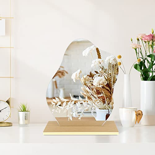 Prasacco Acryl Schminkspiegel, Rahmenlose Dekorative Unregelmäßiger Spiegel mit Holzsockel Unregelmäßiger Wellenspiegel Wolkenspiegel für Schlafzimmer Wohnzimmer Hotels Zimmer Deko Aesthetic