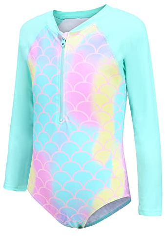 Aisyee Maillot de Bain Fille Manches Longues Rashguard Maillot de Bain Enfant Fille 1 Piece Anti UV Protection Solaire 11 12 Ans