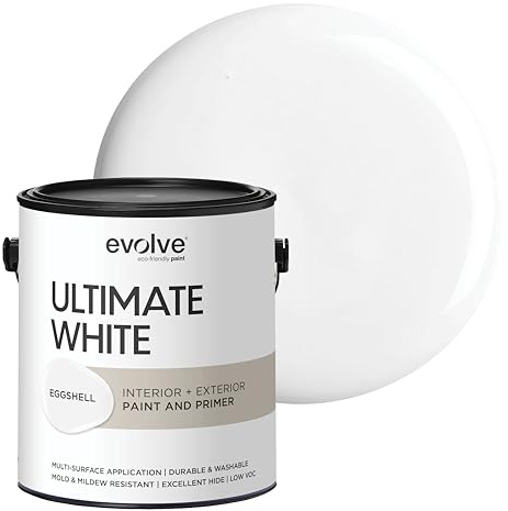 Ultimate White Paint & Primer in One, Eggshell White, 1 Gallon – Interior & Exterior, One-Coat Coverage, Excellent Hide, Low Odor, Low VOC, Washable Paint for Walls, Ceilings & Trim