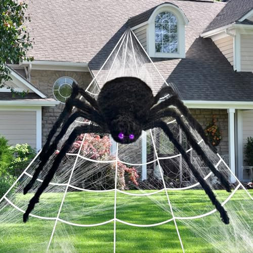 SnailM-JOY Halloween-Spinnennetz-Dekorationen + 150 cm große Spinne + dehnbare Spinnweben plus 10 künstliche Spinnen für drinnen und draußen, Party, Hof, Rasen, Spukhaus, Halloween-Dekoration