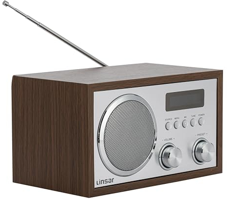 Linsar Radio nostalgique en bois - Tuning numérique FM/DAB - Connexion BT sans fil - Haut-parleur mono intégré - AUX-IN - Fonction casque - Écran LCD (marron)