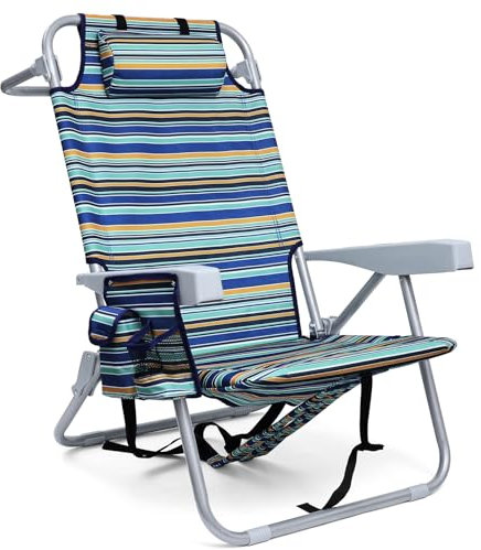 Yestomo Backpack Beach Chair for Adults, Folding Beach Chair with 4 Positions, Heavy Duty Chair with Large Cooler Pouch Support to 350LBS (Stripes_Blue&Cyan&Yellow)