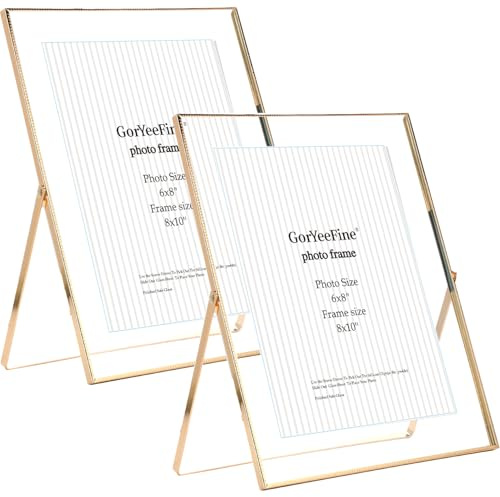 Gold 8x10'' Floating Frame Set of 2,For Photo Sizes( 5x7'',6x8'',7x9''),Beautiful Metal Beaded Edge Frames Adjustable Tabletop/Shelf Photo Frame,Classy Gift Choice for Wedding