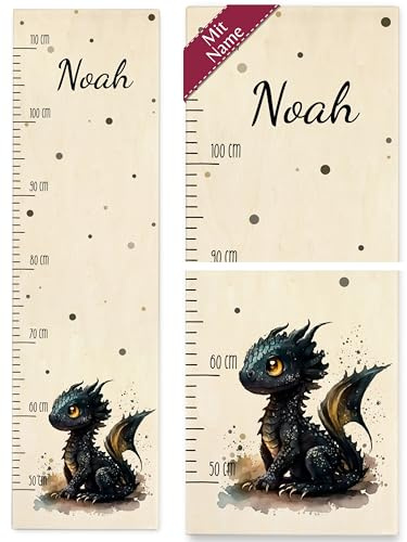 Messlatte Kinder - Süßer Kleiner Drache Kindermesslatte mit Namen Nachtdrache Dragon Drachen Drachenzähmen - 50-110 cm - Holz