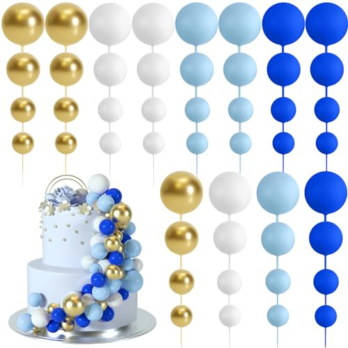 BOUBONI 48 Pcs Cake Topper Decorations - Balloon Cupcake Toppers, Foam Balls for Birthday Party Wedding (Royal Blue, Light Blue, White, Gold)