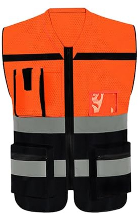 Generic Warnweste mit Reißverschluss, Arbeitskleidung zum Wandern, Radfahren, Spazierengehen, Orange Schwarz L