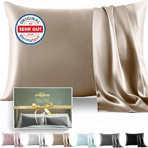 Welldora Kissenbezug aus 100% Seide 50x70 | Hohes Gewicht: 22 Momme, ideal für Haut und Haar | Höchste Güteklasse 6A | Streng Zertifiziert in der Schweiz | Oeko-Tex* Seidenkissenbezug Beigegold